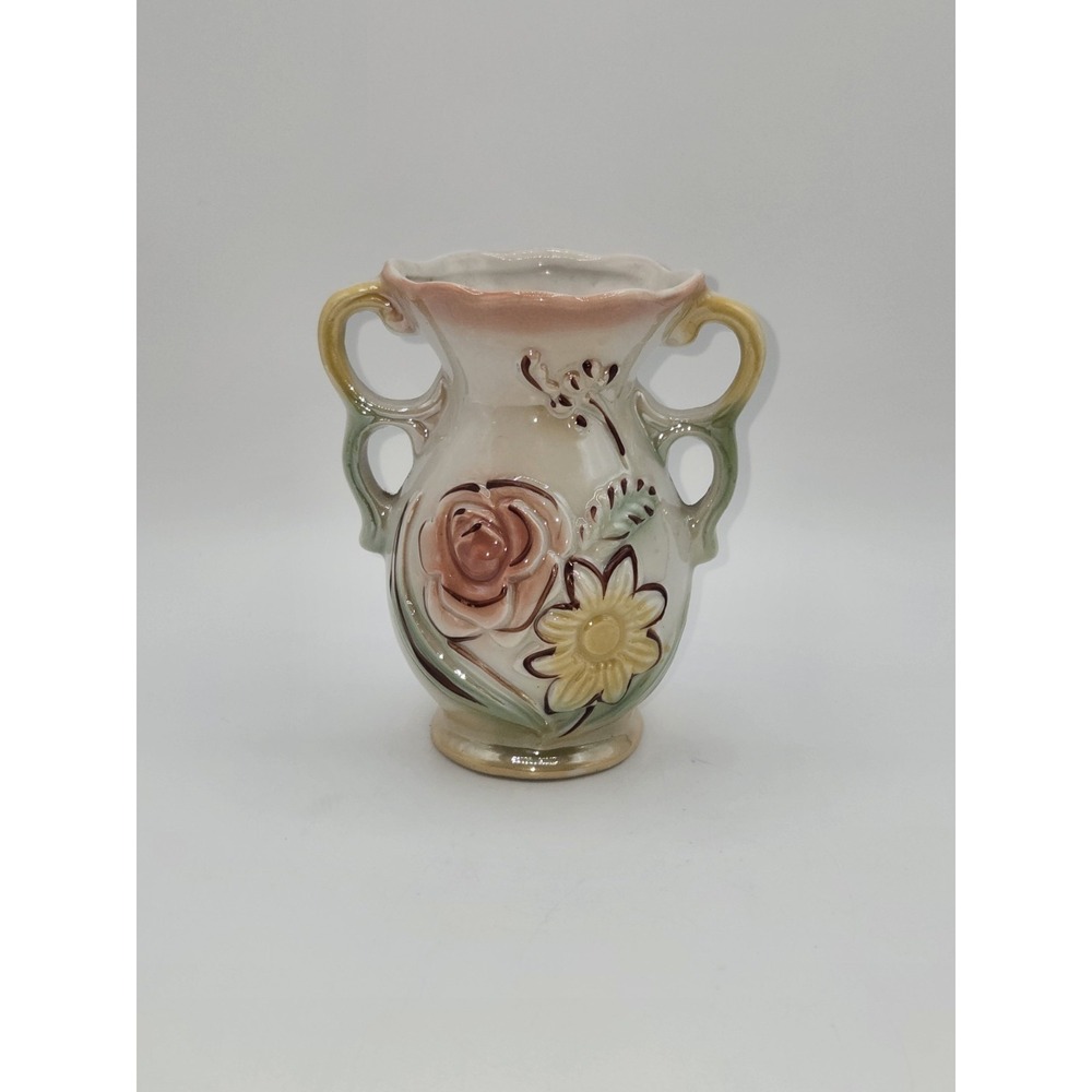 Vintage Brazil Art Pottery Double Handle Floral Vase Pink Rose Daisy Relief